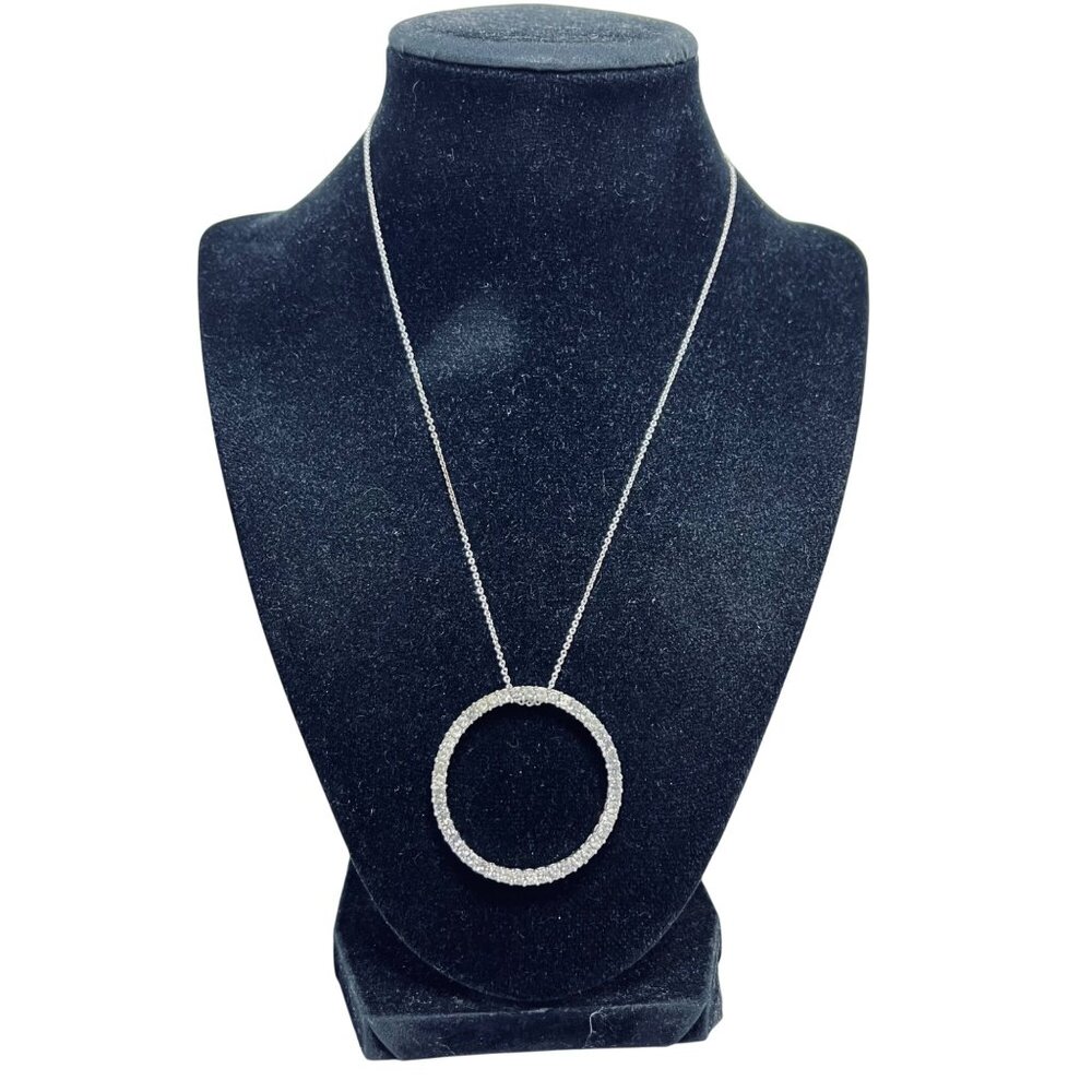 Silver Tone Necklace With Rhinestone Circle Pendant Signed NR (5571)